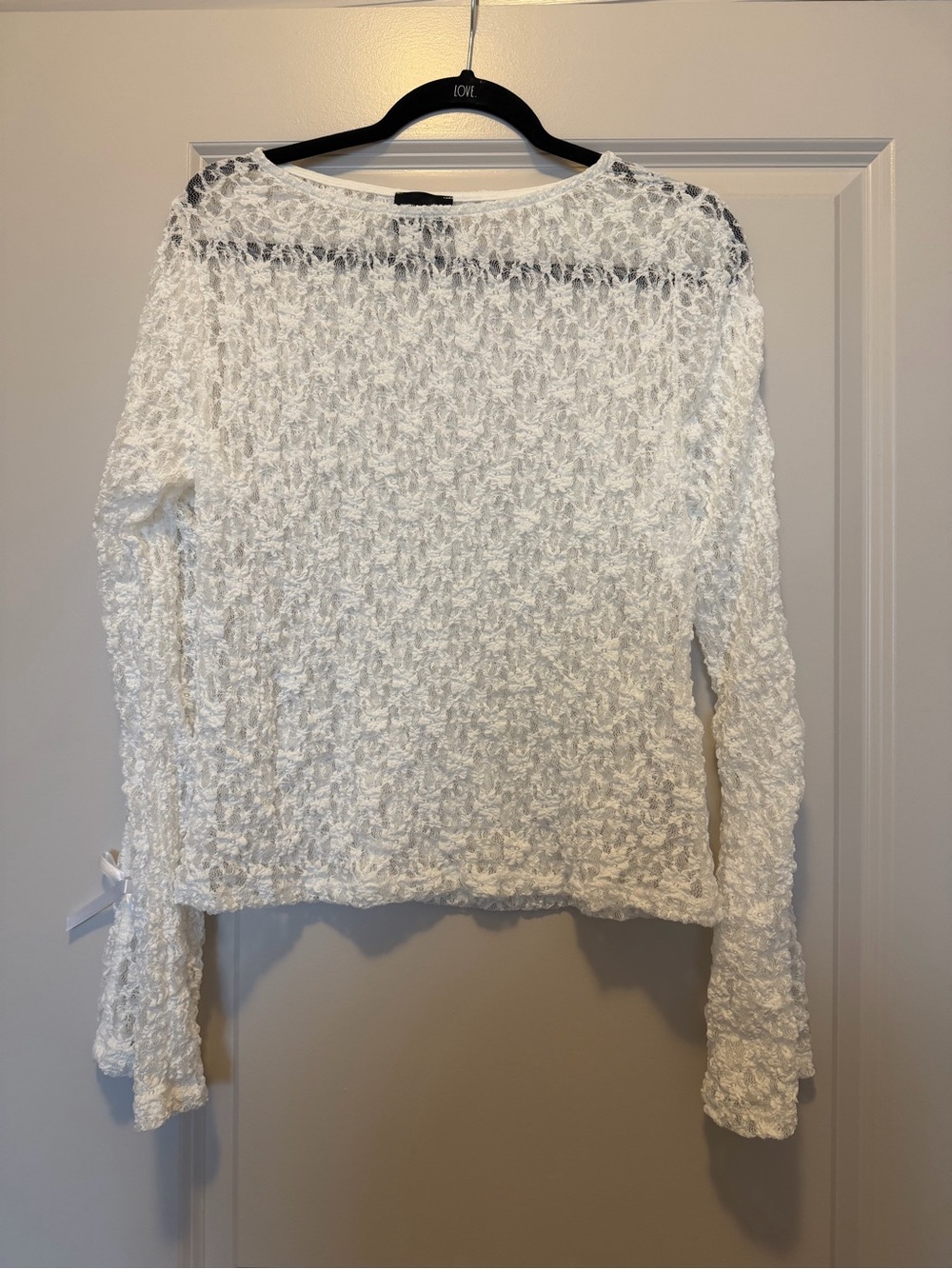 ASOS Textured White Long Sleeve Sheer Knit Top Bow Cutout